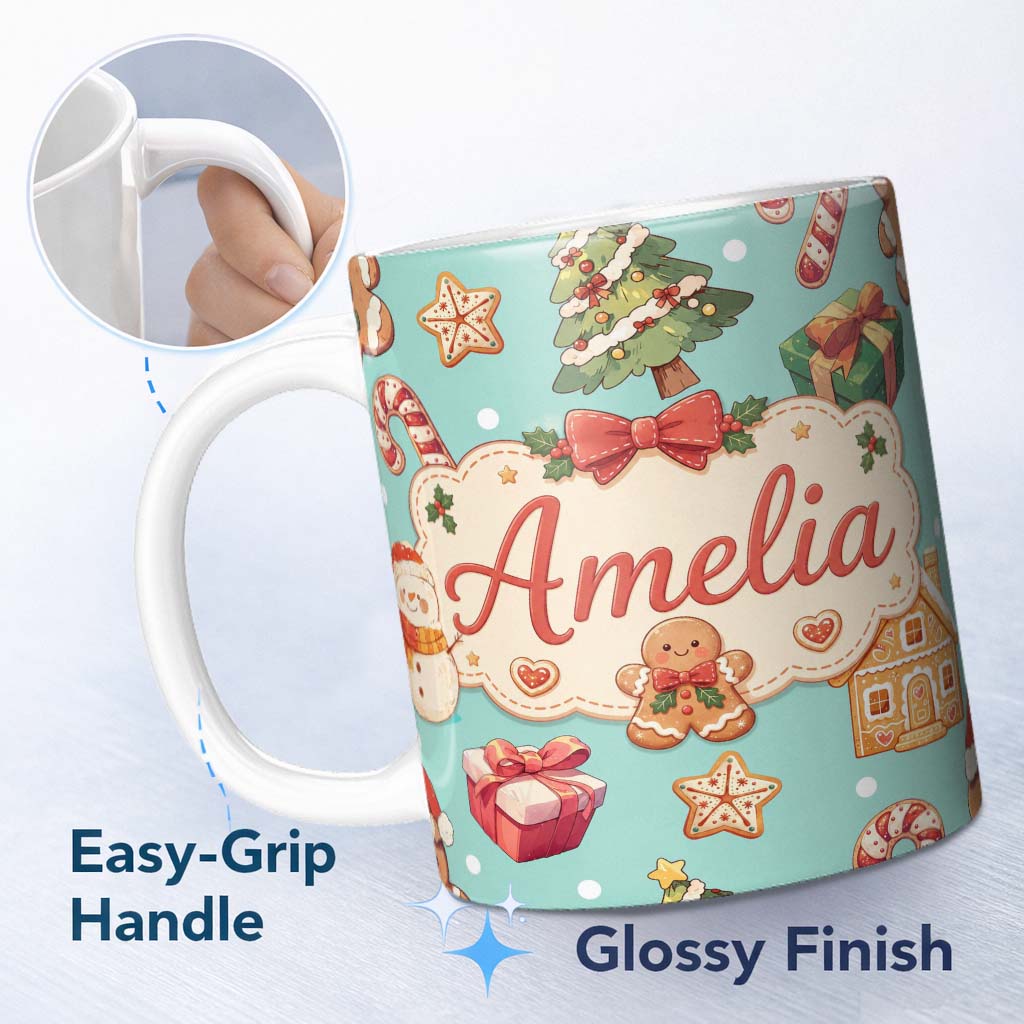 Personalized Custom Name Cute Gingerbread Man Christmas Tree Candy Cane Holiday Pattern Blue 11oz Ceramic Coffee Tea Mug White Large Handle