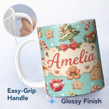 Personalized Custom Name Cute Gingerbread Man Christmas Tree Candy Cane Holiday Pattern Blue 11oz Ceramic Coffee Tea Mug White Large Handle