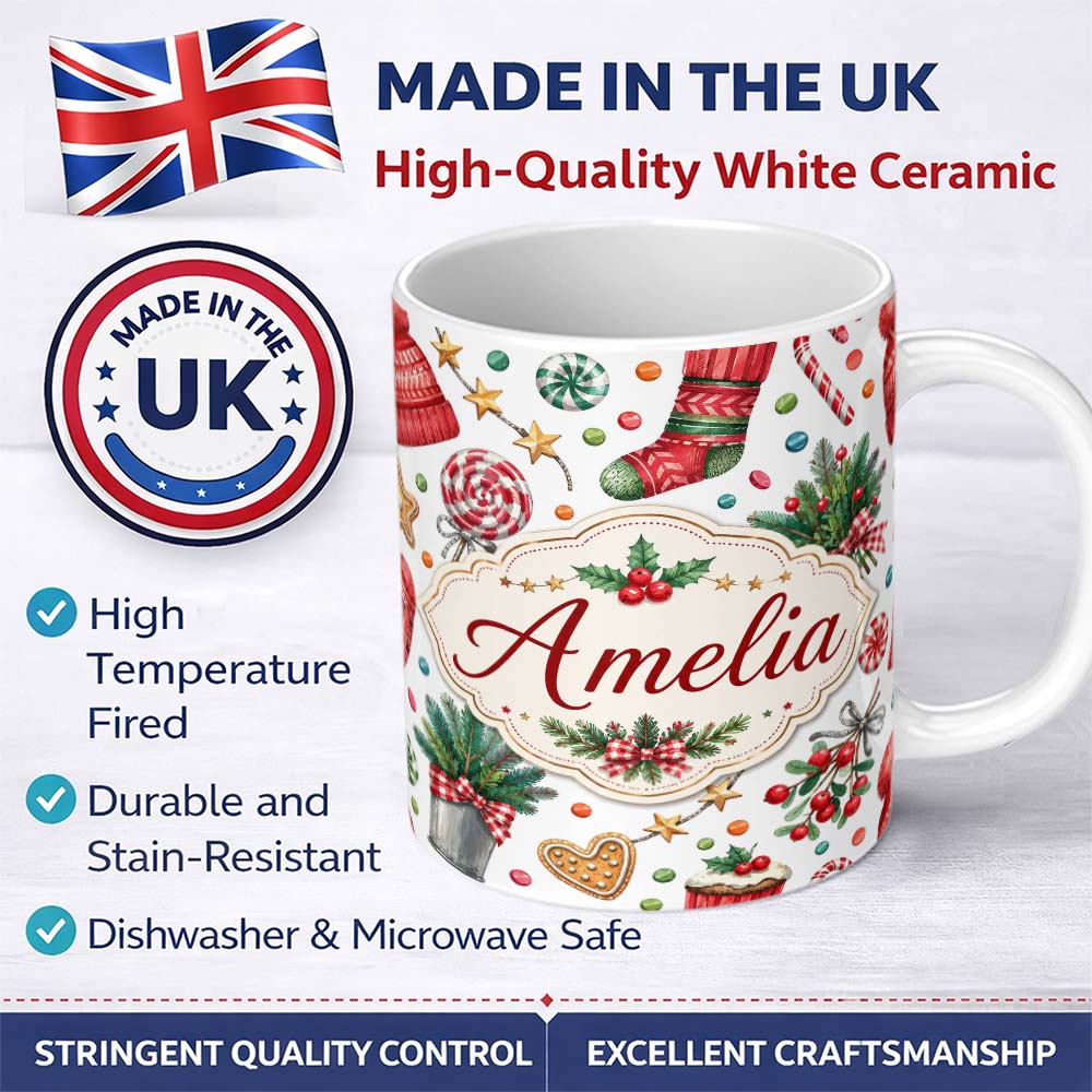 Personalized Custom Name Festive Candy Cane Cupcake Sweets Holiday Seamless Pattern Lovely 11oz Ceramic Coffee Tea Mug White Large Handle