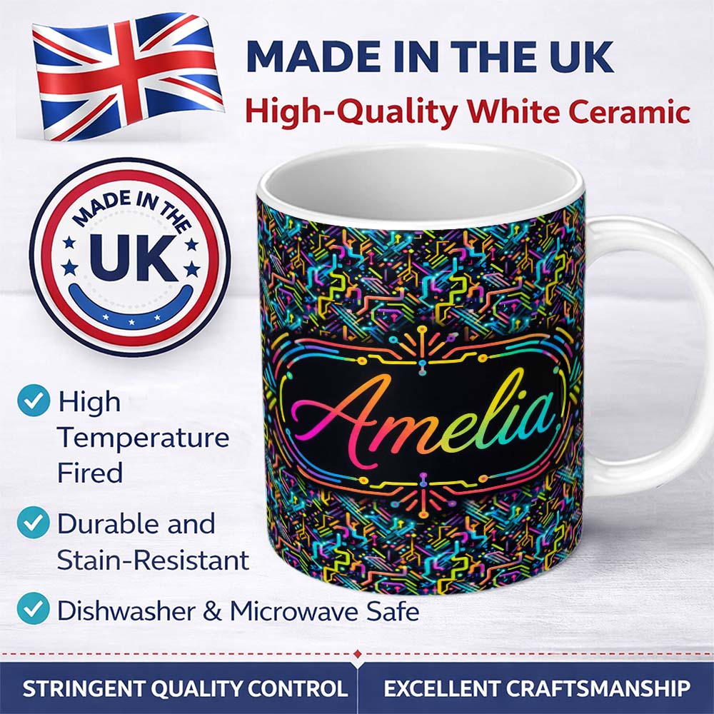 Personalized Custom Name Neon Circuit Board Lines Abstract Technology Pattern on Dark Lovely 11oz Ceramic Coffee Tea Mug White Large Handle