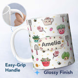 Personalized Custom Name Cute Kawaii Garden Tools Plants Bees Seamless Pattern White Floral 11oz Ceramic Coffee Tea Mug White Large Handle