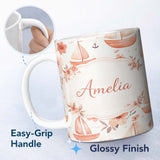 Personalized Custom Name Nautical Sailboat Floral Coastal Pattern Seamless Watercolour Design 11oz Ceramic Coffee Tea Mug White Large Handle