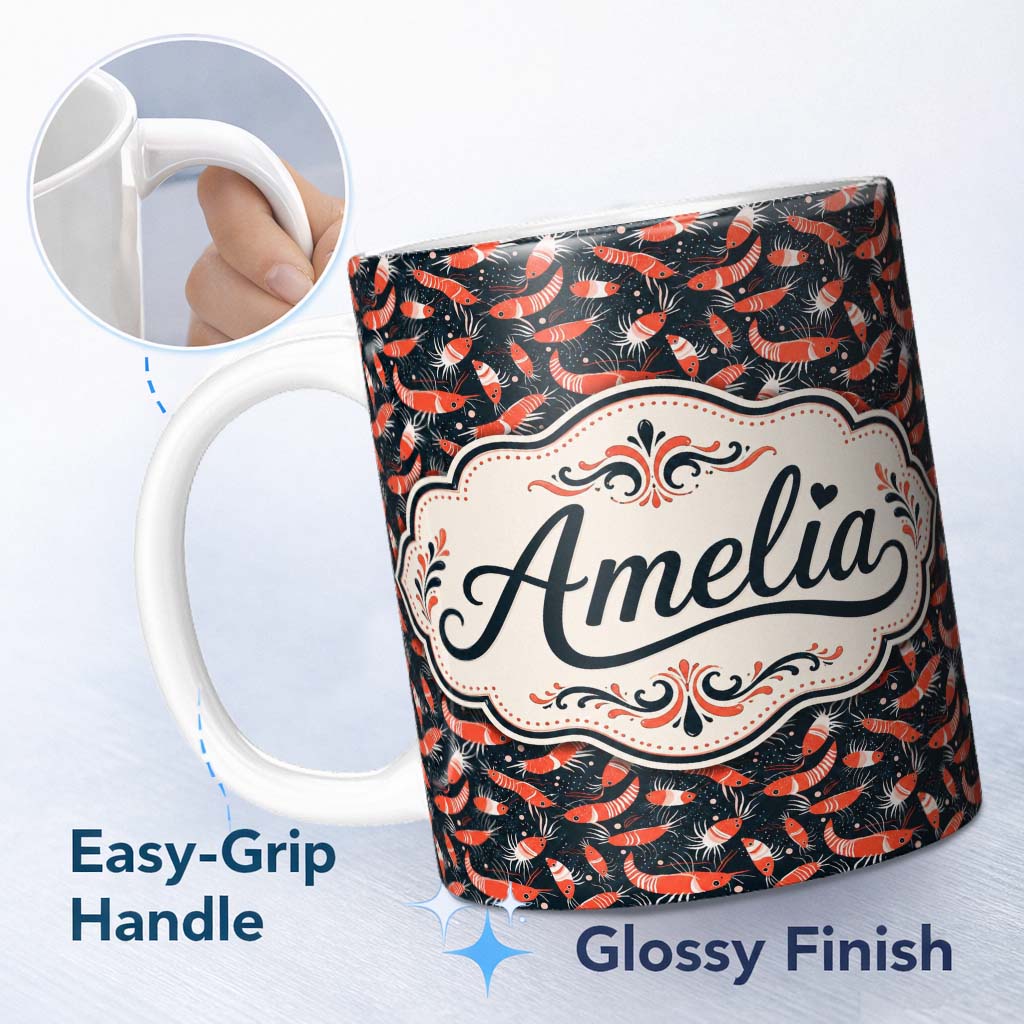 Personalized Custom Name Graphic Red Shrimp on Dark Ocean Background Seamless Pattern Lovely 11oz Ceramic Coffee Tea Mug White Large Handle