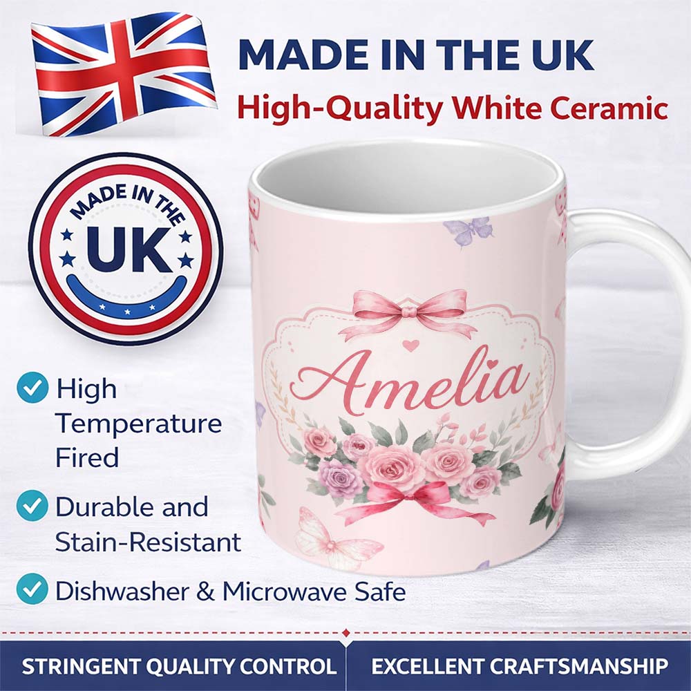 Personalized Custom Name Elegant Watercolor Rose Bouquet Ribbon Butterfly Soft Beige Lovely 11oz Ceramic Coffee Tea Mug White Large Handle