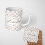 Personalized Custom Name Minimalist Neutral Checkerboard Pattern in Beige and White Seamless 11oz Ceramic Coffee Tea Mug White Large Handle
