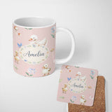 Personalized Custom Name Swan and Ducklings with Flowers Mushrooms Soft Pink Seamless 11oz Ceramic Coffee Tea Mug White Large Handle