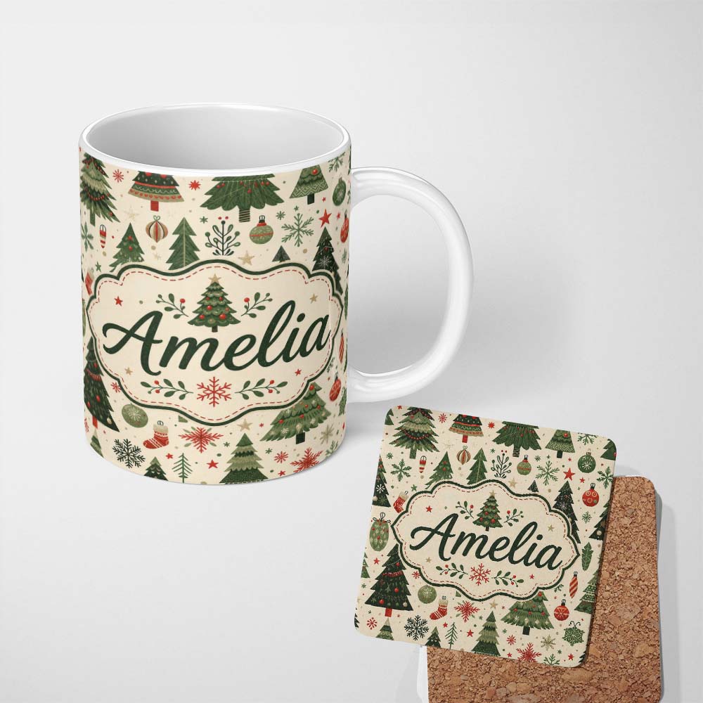Personalized Custom Name Classic Christmas Trees Ornaments Gifts Snowflakes Festive Seamless 11oz Ceramic Coffee Tea Mug White Large Handle