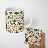 Personalized Custom Name Classic Christmas Trees Ornaments Gifts Snowflakes Festive Seamless 11oz Ceramic Coffee Tea Mug White Large Handle