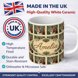 Personalized Custom Name Vintage Tiger Portrait Stamp Style Seamless Pattern Cute Unique Gift 11oz Ceramic Coffee Tea Mug White Large Handle