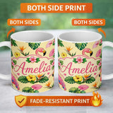 Personalized Custom Name Tropical Flamingo with Hibiscus Flowers and Leaves Warm Yellow 11oz Ceramic Coffee Tea Mug White Large Handle