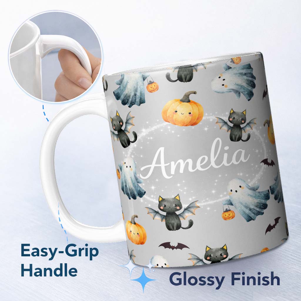 Personalized Custom Name Halloween Ghost Pumpkin Cat Seamless Pattern Cool Grey Cute Spooky 11oz Ceramic Coffee Tea Mug White Large Handle