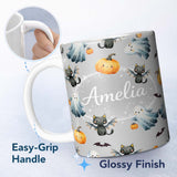 Personalized Custom Name Halloween Ghost Pumpkin Cat Seamless Pattern Cool Grey Cute Spooky 11oz Ceramic Coffee Tea Mug White Large Handle