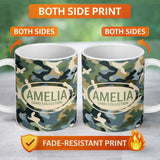 Personalized Custom Name Multi Tone Woodland Camouflage Seamless Pattern Perfect Gift for Her 11oz Ceramic Coffee Tea Mug White Large Handle