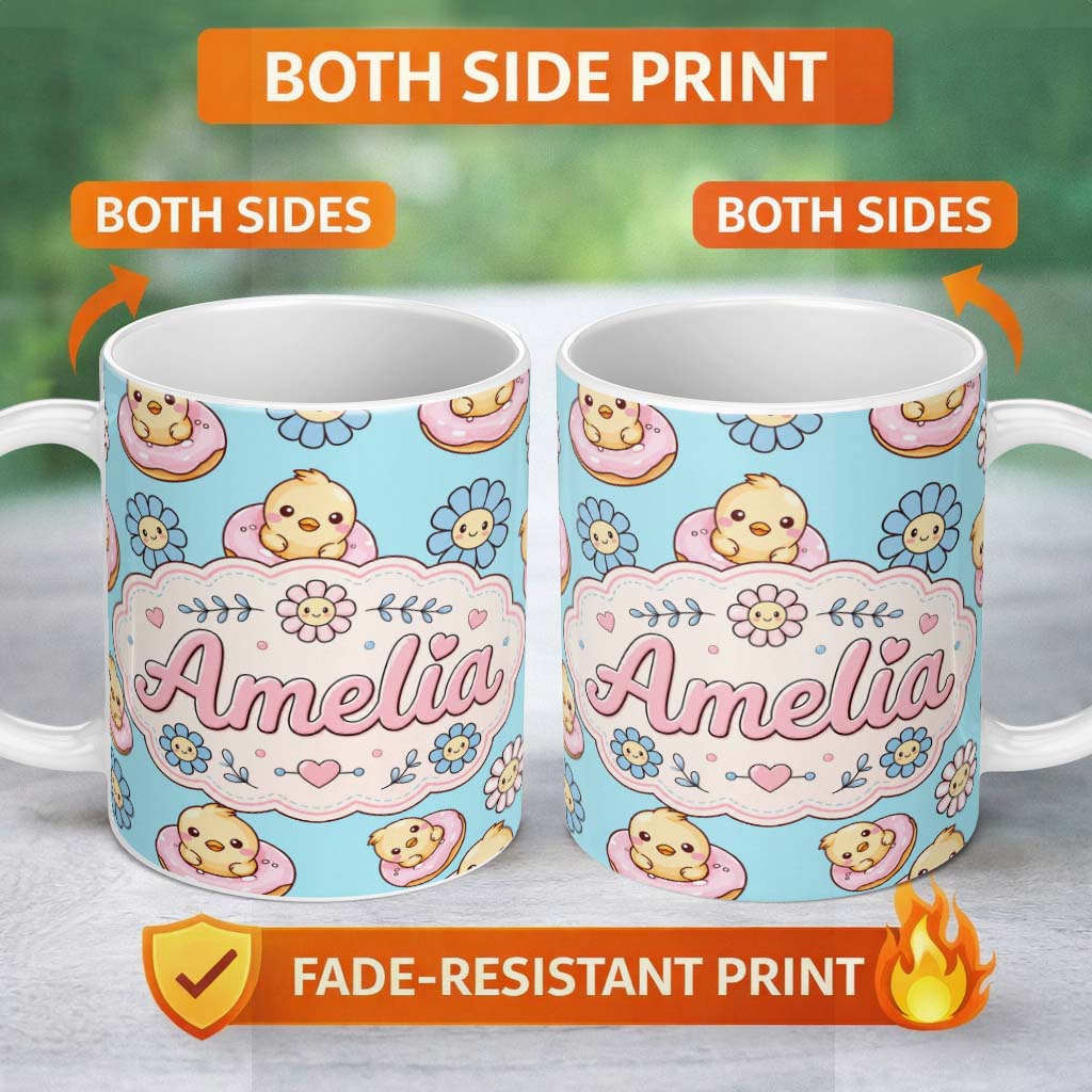 Personalized Custom Name Cute Baby Chick Donut Flowers Seamless Pattern Aqua Blue Background 11oz Ceramic Coffee Tea Mug White Large Handle