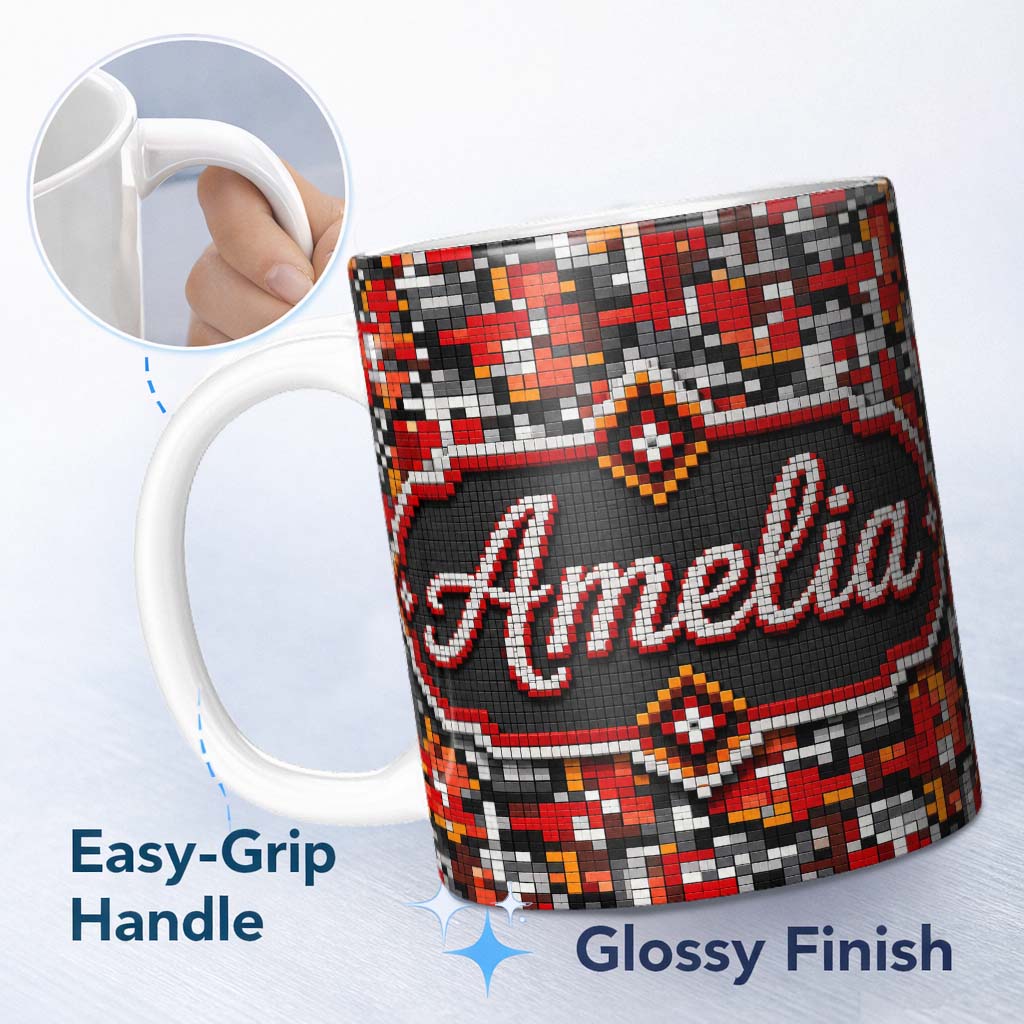 Personalized Custom Name Red Black Grey Pixelated Abstract Mosaic Seamless Pattern Lovely 11oz Ceramic Coffee Tea Mug White Large Handle