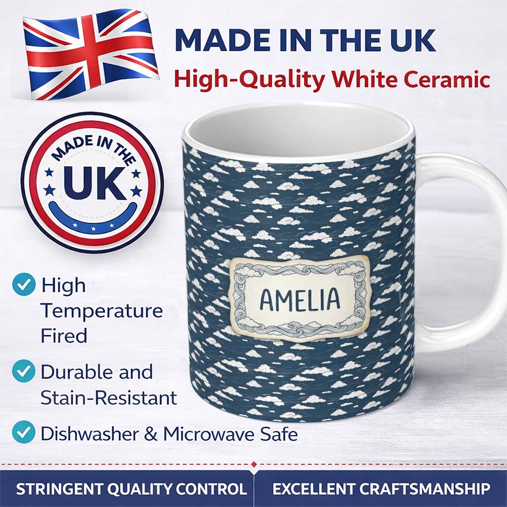 Personalized Custom Name Artistic Sketch Cloud Pattern Navy Background Hand Drawn Style 11oz Ceramic Coffee Tea Mug White Large Handle