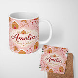 Personalized Custom Name Cute Gingerbread House Candy Cane Snowman Pink Seamless Pattern 11oz Ceramic Coffee Tea Mug White Large Handle