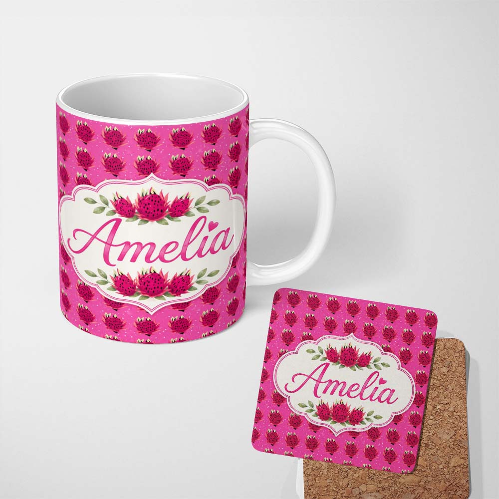 Personalized Custom Name Small Dragon Fruit Repeat Pattern on Pink Background Lovely 11oz Ceramic Coffee Tea Mug White Large Handle