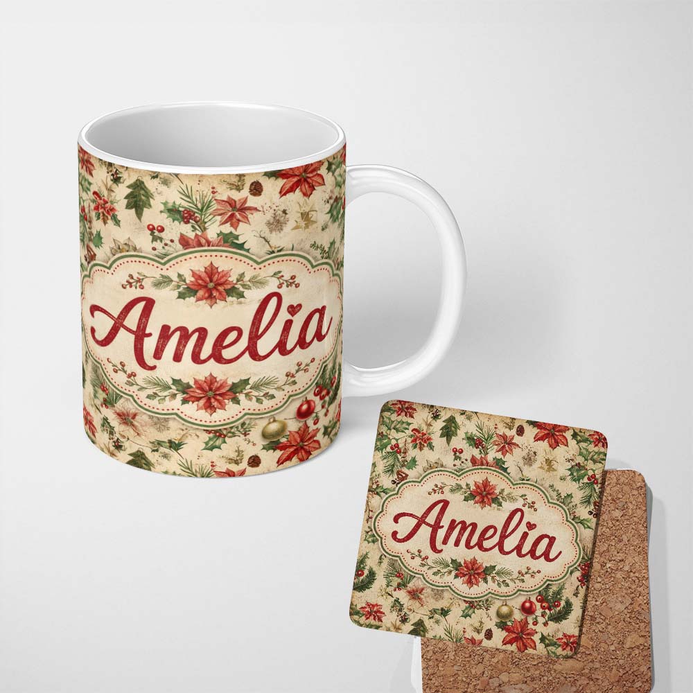 Personalized Custom Name Festive Poinsettia Holly Berry Vintage Christmas Seamless Pattern 11oz Ceramic Coffee Tea Mug White Large Handle