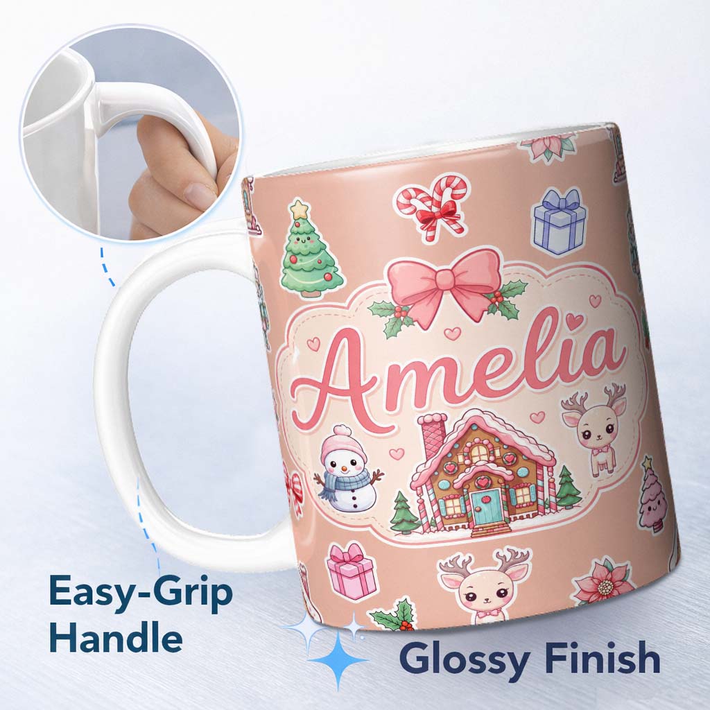 Personalized Custom Name Cute Christmas Festive Stickers Gingerbread House Tree Beige Lovely 11oz Ceramic Coffee Tea Mug White Large Handle