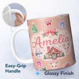 Personalized Custom Name Cute Christmas Festive Stickers Gingerbread House Tree Beige Lovely 11oz Ceramic Coffee Tea Mug White Large Handle