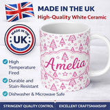 Personalized Custom Name Minimal Pink Christmas Tree Star Seamless Pattern Cute Unique Gift 11oz Ceramic Coffee Tea Mug White Large Handle