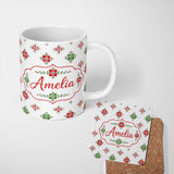 Personalized Custom Name Watercolor Scandinavian Folk Floral Red Green Seamless Pattern 11oz Ceramic Coffee Tea Mug White Large Handle