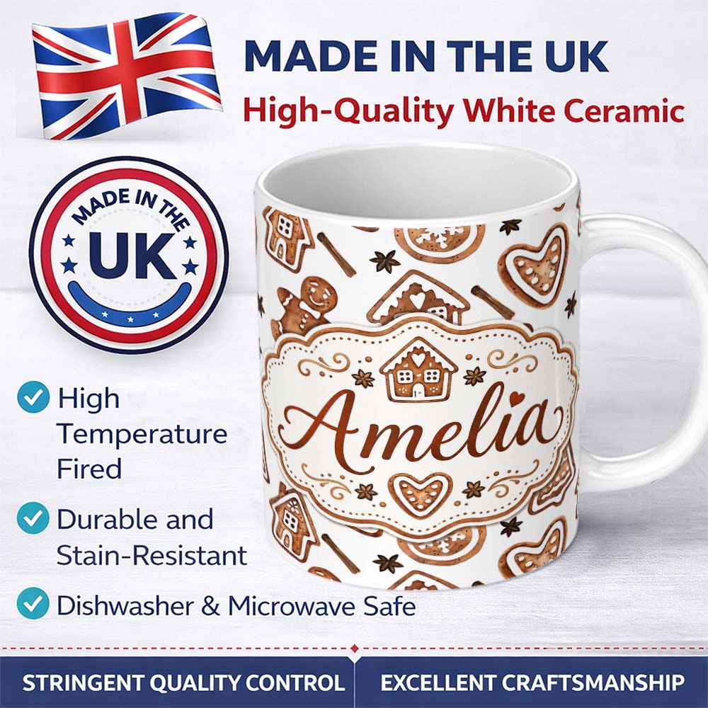Personalized Custom Name Watercolor Gingerbread Cookies Star Anise Festive Seamless Pattern 11oz Ceramic Coffee Tea Mug White Large Handle