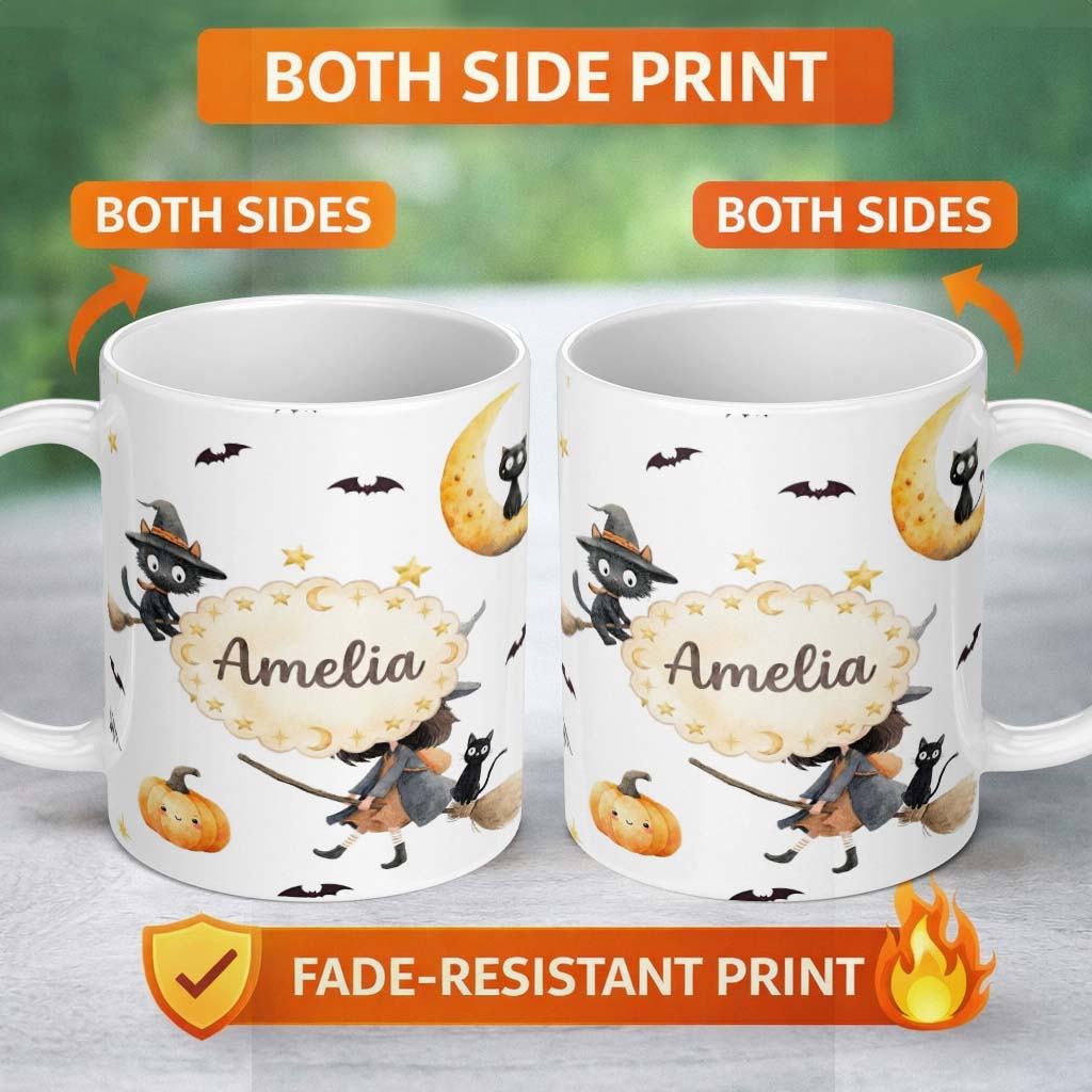 Personalized Custom Name Halloween Witch Girl with Black Cats Moon and Stars Greys Lovely 11oz Ceramic Coffee Tea Mug White Large Handle