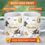 Personalized Custom Name Halloween Witch Girl with Black Cats Moon and Stars Greys Lovely 11oz Ceramic Coffee Tea Mug White Large Handle