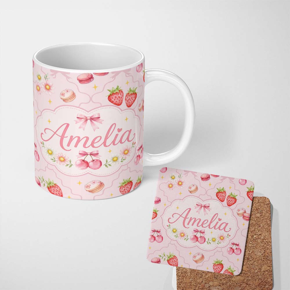 Personalized Custom Name Cute Strawberry Cherry Daisy Floral Bow Sweet Dessert Warm Cream 11oz Ceramic Coffee Tea Mug White Large Handle