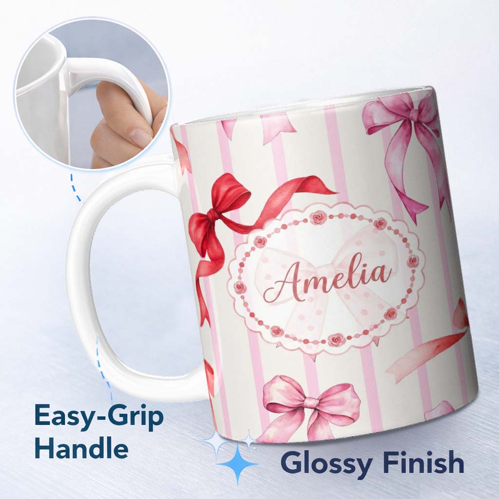 Personalized Custom Name Watercolor Red Pink Ribbon Bows Pink Stripe Background Cute Girly 11oz Ceramic Coffee Tea Mug White Large Handle