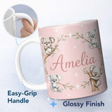 Personalized Custom Name Cute Baby Koala Bears with Stars on Blush Pink Background Seamless 11oz Ceramic Coffee Tea Mug White Large Handle