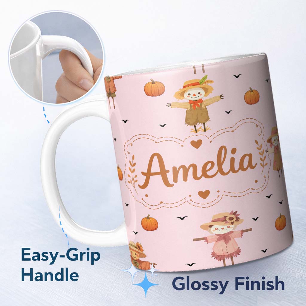 Personalized Custom Name Cute Autumn Scarecrow Pumpkin Birds Seamless Pattern Blush Lovely 11oz Ceramic Coffee Tea Mug White Large Handle