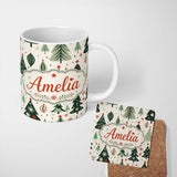 Personalized Custom Name Modern Christmas Trees Ornaments Stars Festive Seamless Pattern 11oz Ceramic Coffee Tea Mug White Large Handle