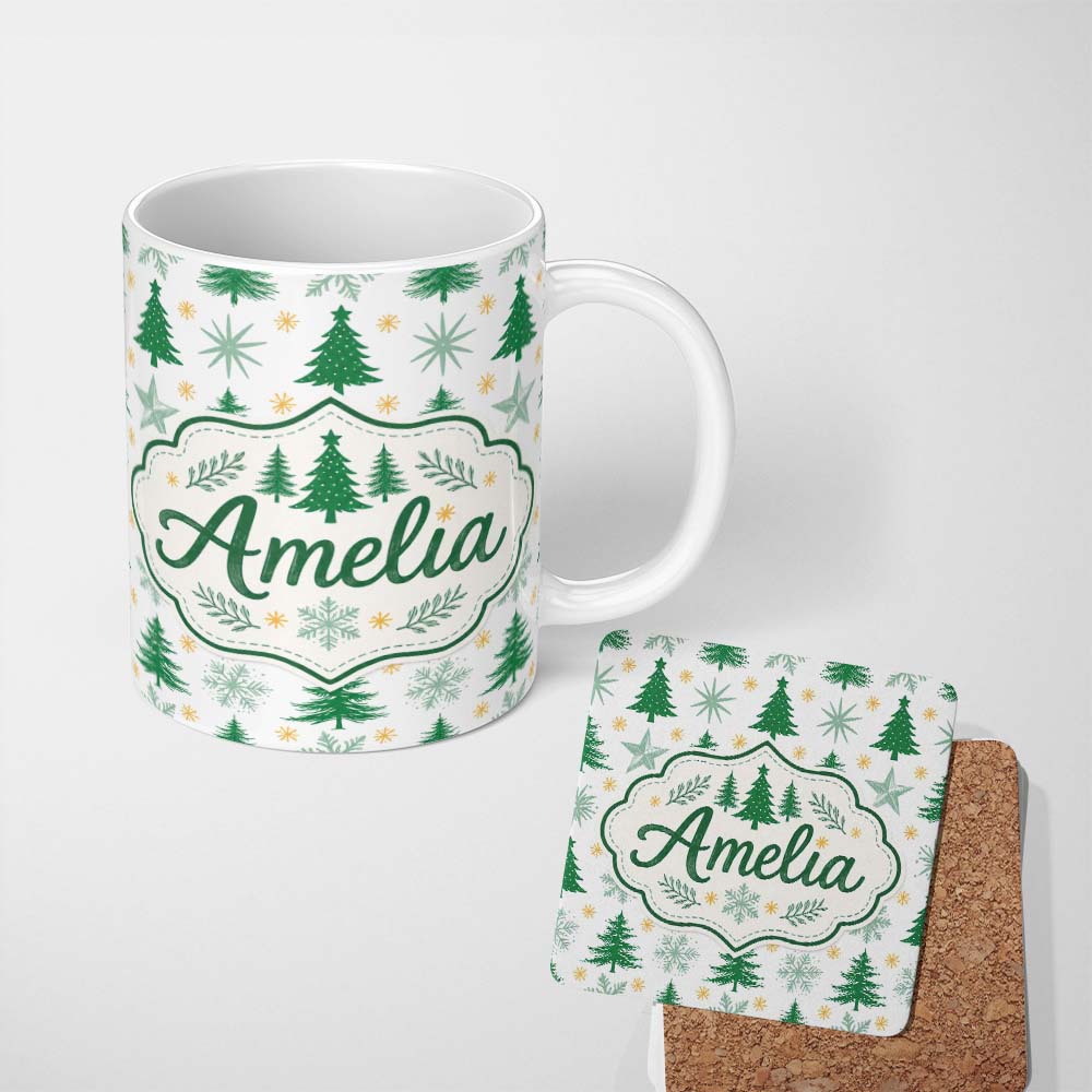 Personalized Custom Name Minimal Christmas Trees with Snowflakes and Starbursts Seamless 11oz Ceramic Coffee Tea Mug White Large Handle
