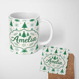 Personalized Custom Name Minimal Christmas Trees with Snowflakes and Starbursts Seamless 11oz Ceramic Coffee Tea Mug White Large Handle