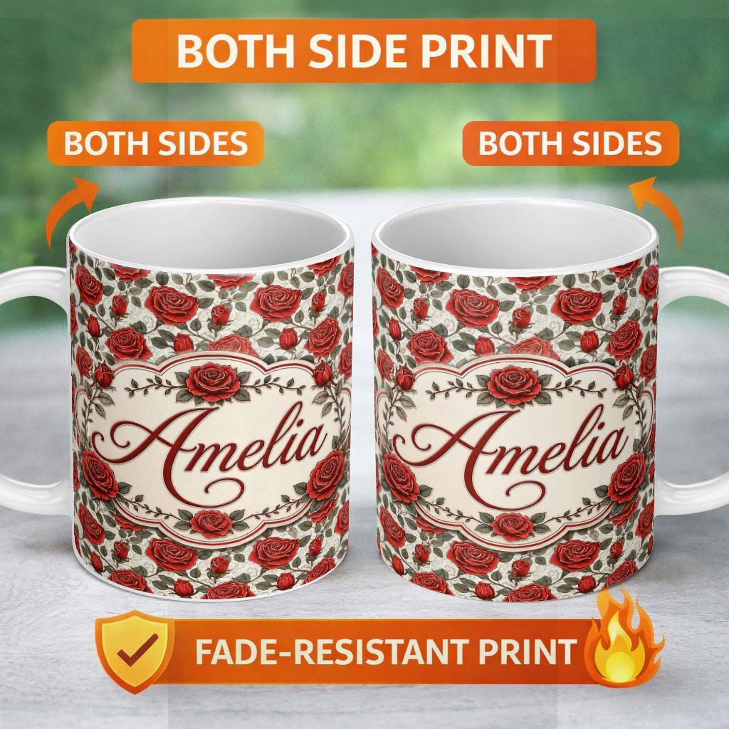 Personalized Custom Name Detailed Red Rose Floral Seamless Pattern with Vintage Style Lovely 11oz Ceramic Coffee Tea Mug White Large Handle