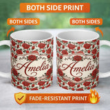 Personalized Custom Name Detailed Red Rose Floral Seamless Pattern with Vintage Style Lovely 11oz Ceramic Coffee Tea Mug White Large Handle