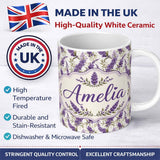 Personalized Custom Name Elegant Lavender Sprigs Botanical Repeat on Soft Neutral Background 11oz Ceramic Coffee Tea Mug White Large Handle