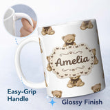 Personalized Custom Name Cute Teddy Bear Plush Toy Seamless Pattern on Soft Grey Background 11oz Ceramic Coffee Tea Mug White Large Handle
