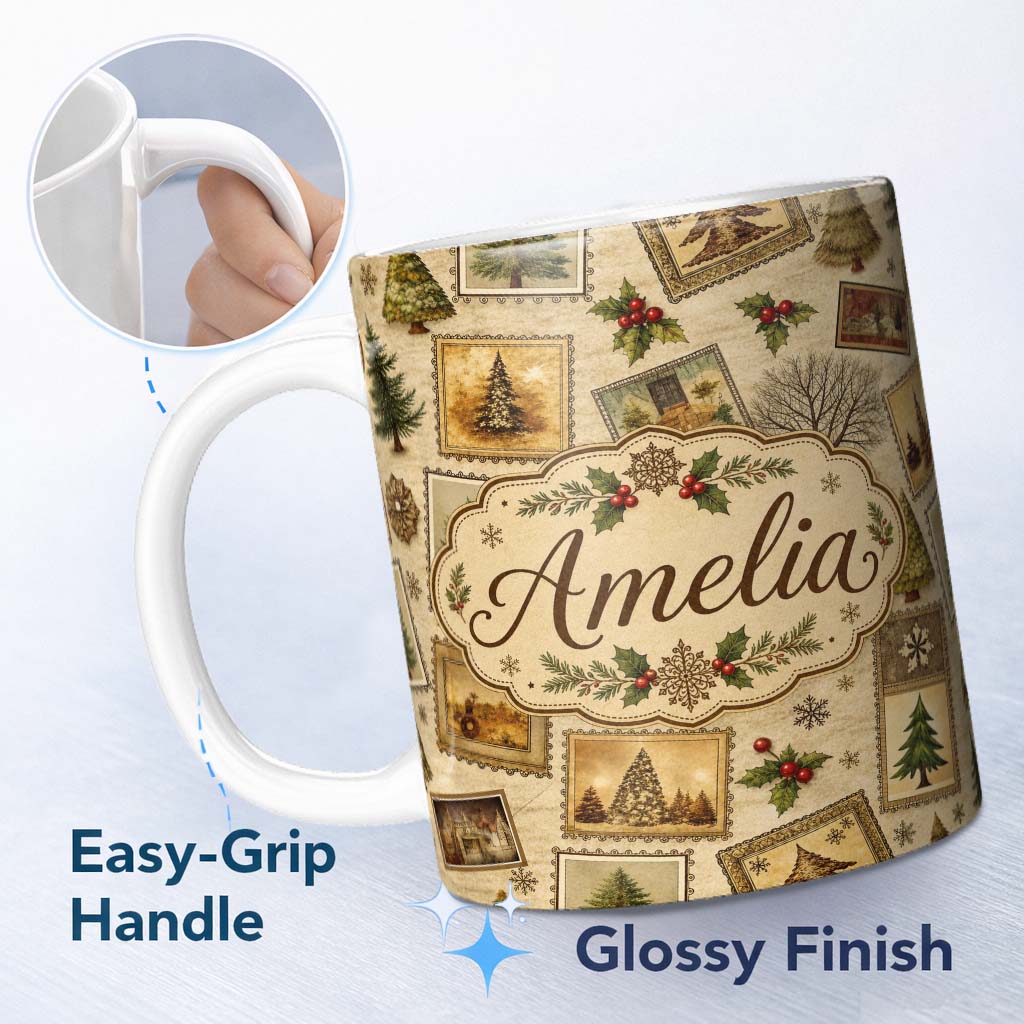 Personalized Custom Name Vintage Christmas Tree Illustrations Frames Rustic Collage Seamless 11oz Ceramic Coffee Tea Mug White Large Handle