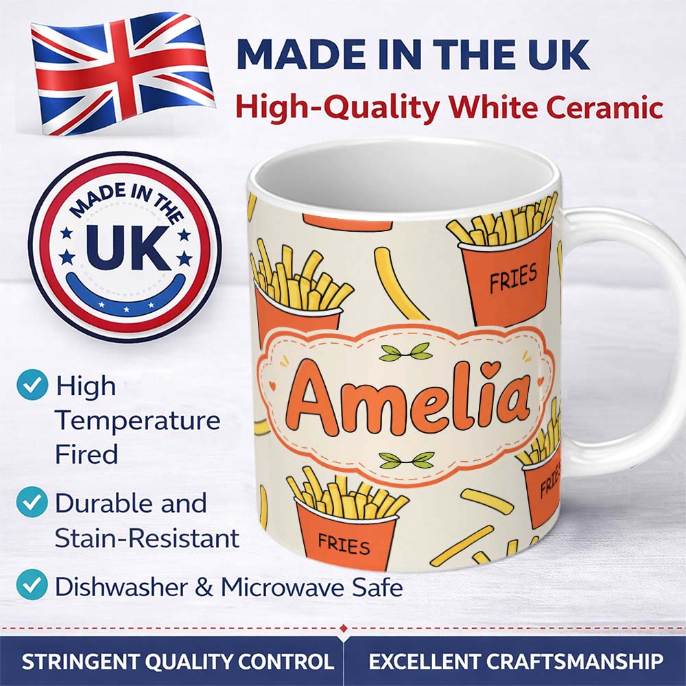 Personalized Custom Name Cute French Fries Cartoon Snack Food Cream Background Seamless 11oz Ceramic Coffee Tea Mug White Large Handle