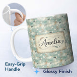 Personalized Custom Name Vintage Style Seagulls on Textured Coastal Background Seamless 11oz Ceramic Coffee Tea Mug White Large Handle