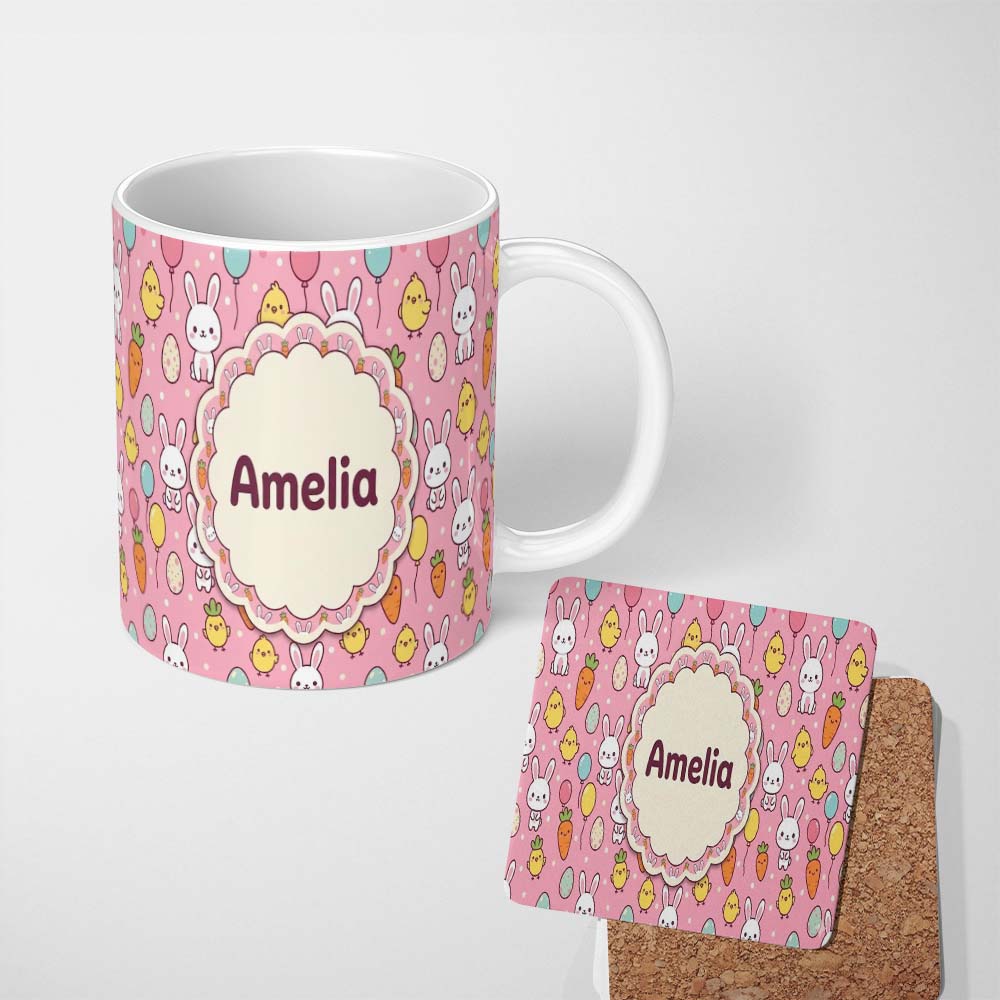 Personalized Custom Name Cute Easter Bunny Chick Carrots Eggs Polka Dot Pattern Rose Pink 11oz Ceramic Coffee Tea Mug White Large Handle