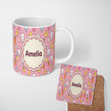 Personalized Custom Name Cute Easter Bunny Chick Carrots Eggs Polka Dot Pattern Rose Pink 11oz Ceramic Coffee Tea Mug White Large Handle