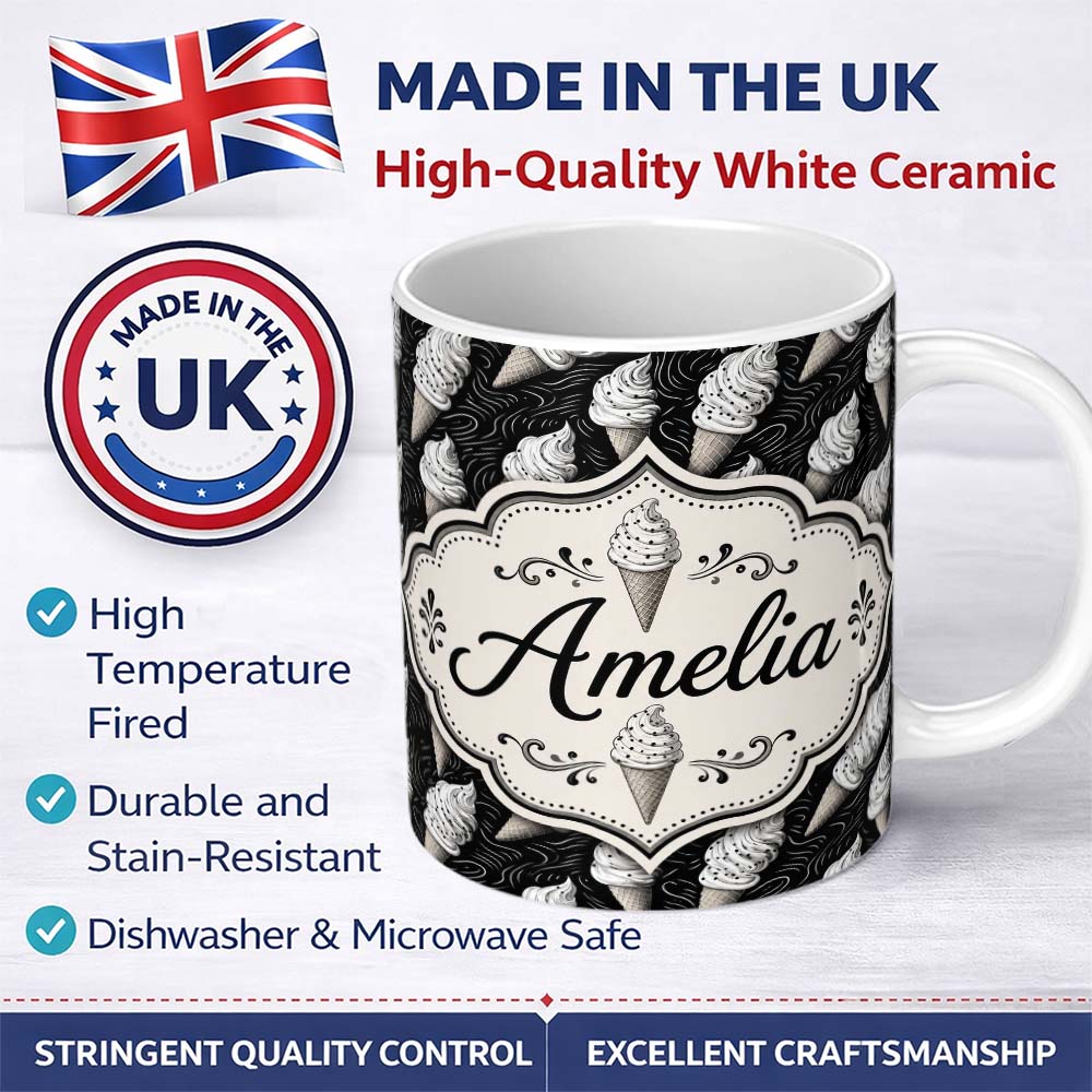 Personalized Custom Name Monochrome Ice Cream Cone Pattern on Black with Swirl Texture Lovely 11oz Ceramic Coffee Tea Mug White Large Handle