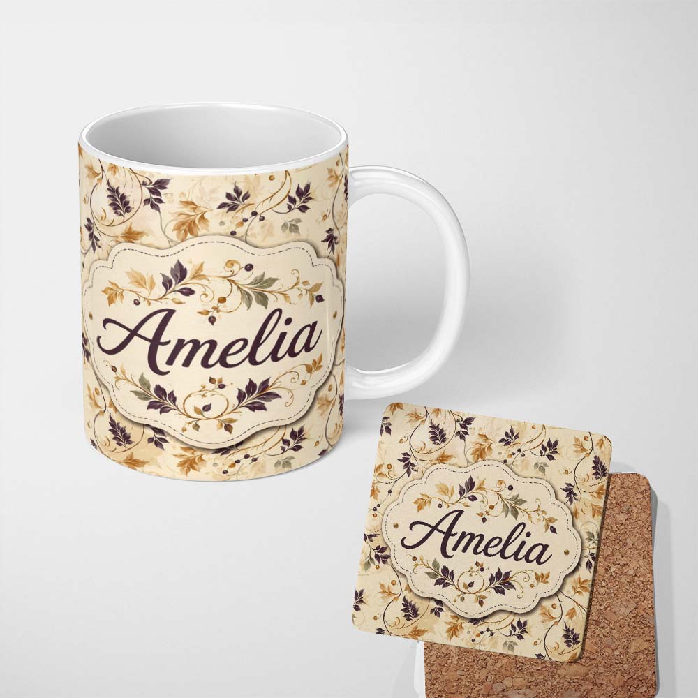 Personalized Custom Name Elegant Autumn Leaves and Swirling Vines Seamless Pattern Lovely 11oz Ceramic Coffee Tea Mug White Large Handle
