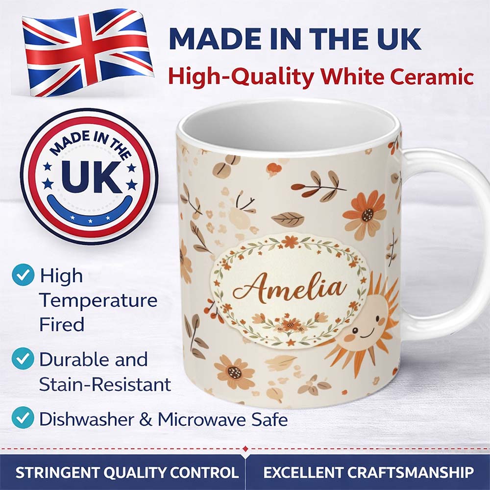 Personalized Custom Name Minimal Floral Pattern with Cute Smiling Sun Design Seamless Lovely 11oz Ceramic Coffee Tea Mug White Large Handle