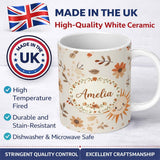 Personalized Custom Name Minimal Floral Pattern with Cute Smiling Sun Design Seamless Lovely 11oz Ceramic Coffee Tea Mug White Large Handle